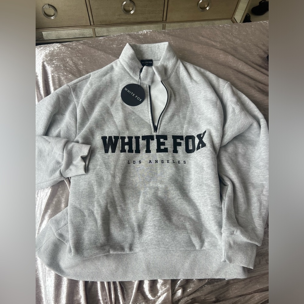 White Fox Zip Front Sweater Grey